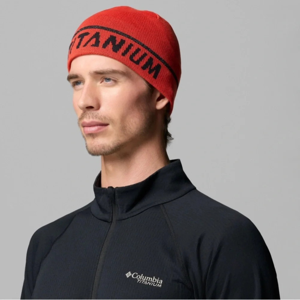 Columbia Titanium Red Knit Beanie with Black Lettering